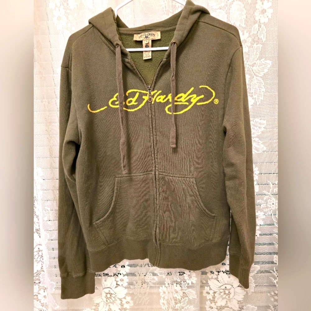 Ed Hardy Love Dies Zip Hoodie, Medium, Army Green, Don Ed Hardy Designs